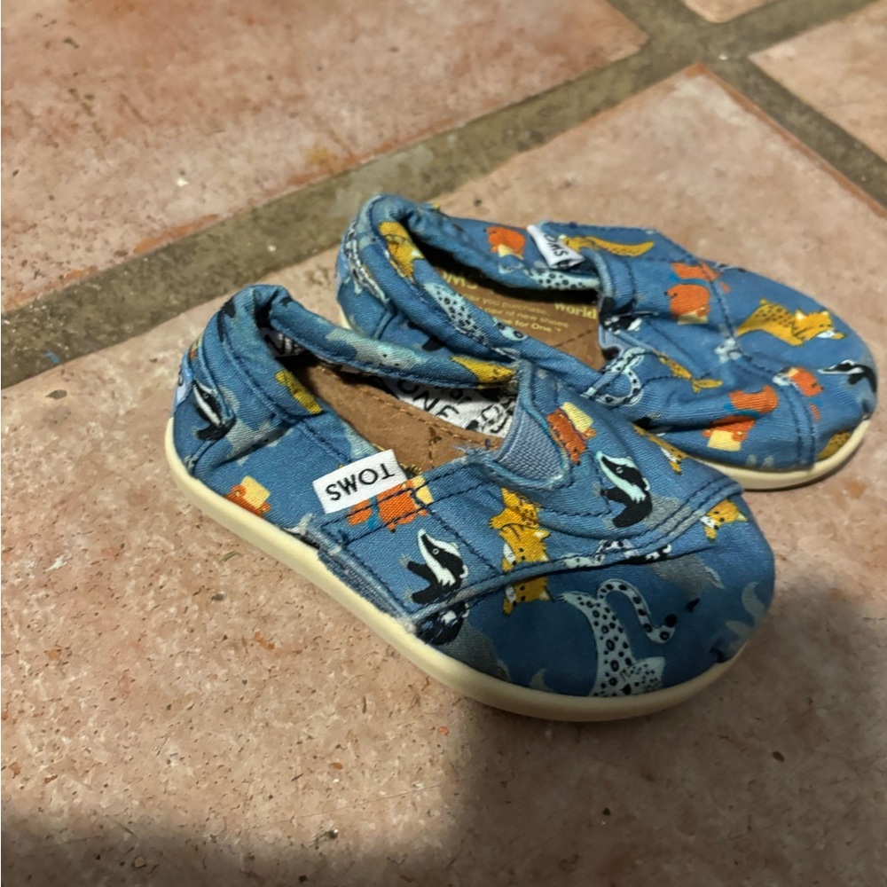 Toms Blue and Orange Dinosaur Print Slippers